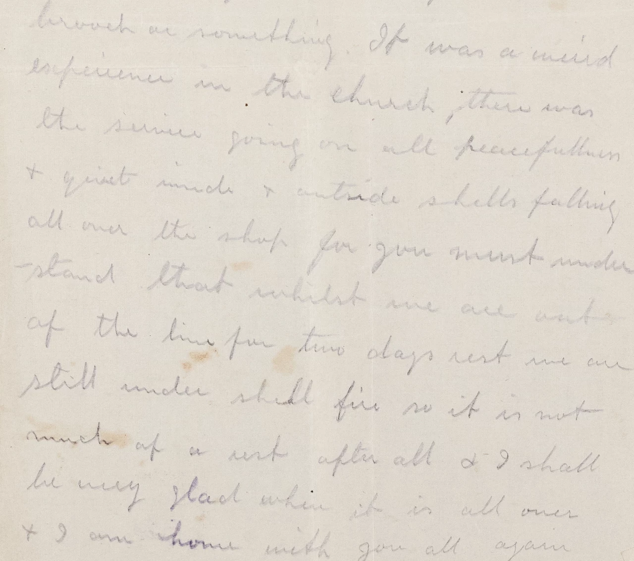 A extract from one of Hori Tribe's letters - it begins: 'It was a weird experience in the church.  There was the service going on all peacefulness and quiet inside and outside shells falling all over the shop'