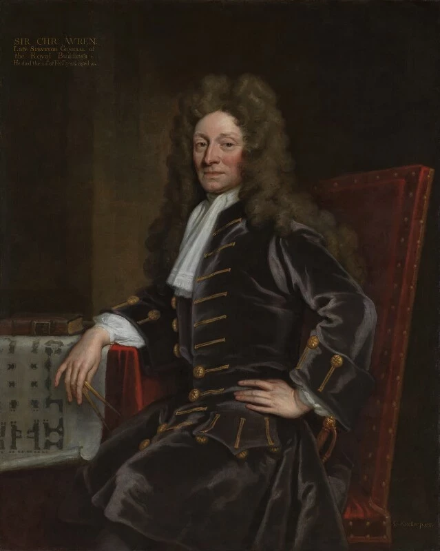 An oil painting of Sir Christopher Wren, who poses with a velvet jacket and a curled wig