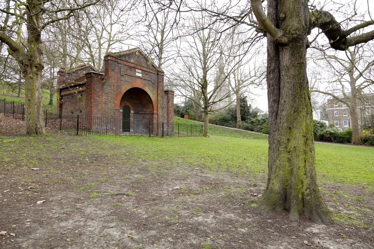 The Conduit House in Greenwich Park, located near to Queen Mary's Gate - a red brick chapel-like building