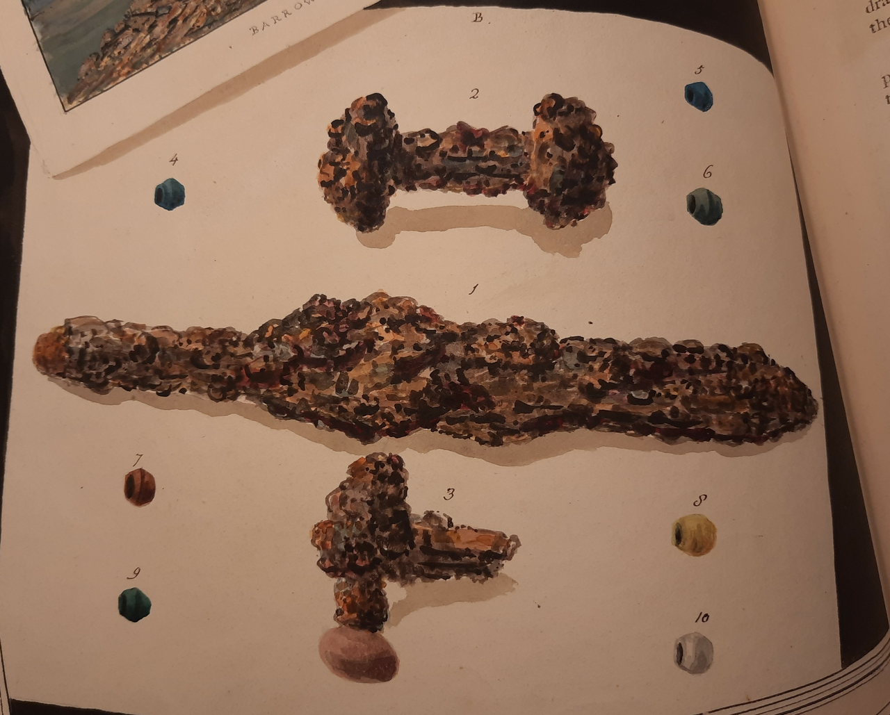 Watercolour images of three rusted copper nails - finds from Douglas's excavation of the barrows in 1784