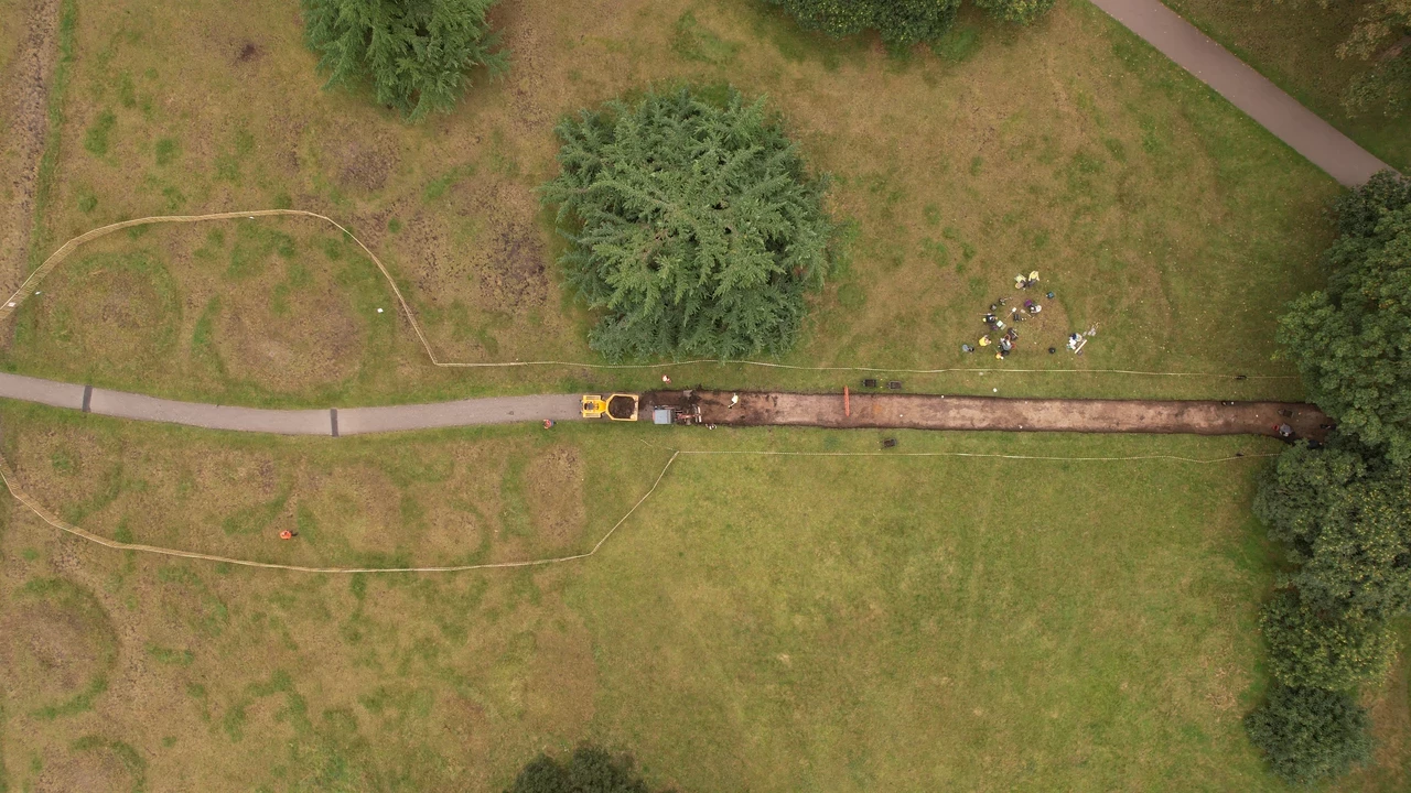 An aerial photograph of the recent work taking place at the barrows site to remove the footpath