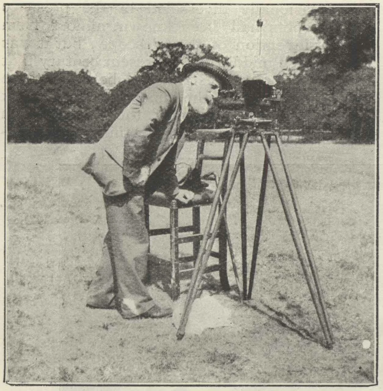 A photograph of Magnetic Assistant William Nash testing out a possible new site in Greenwich Park for the Magnetic Observatory. From The Leisure Hour, 1898.