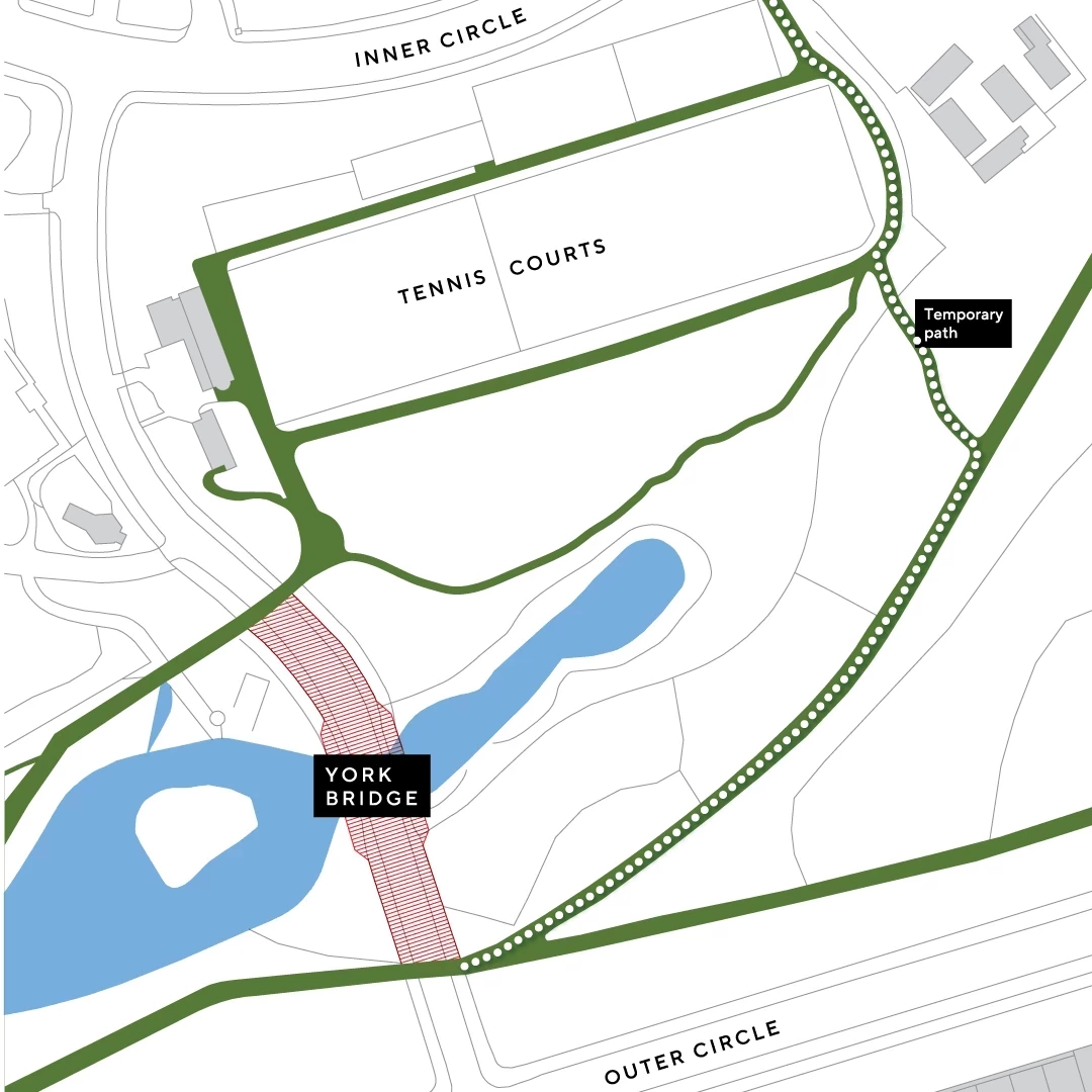 A map of the area around York Bridge showing alternative routes available and lit pathways